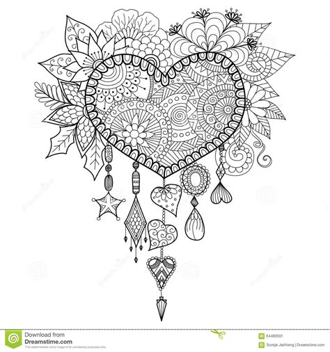 Heart Shape Floral Dream Catcher For Coloring Book For Adult Stock