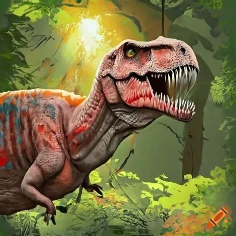 Towering T Rex In Lush Foliage With A Red Spot And Golden Sun Rays On