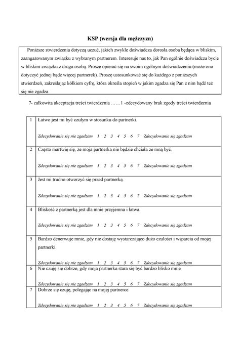 Testy psychologiczne Kwestionariusz Stylów Przywiązania KSP wersja