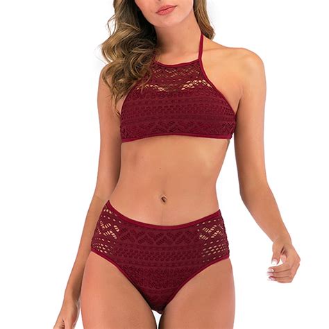 Teveq Neck Women S Waist High Swimsuit V Two Crochet Set Lace Bikini Swimwears Tankinis S Swim
