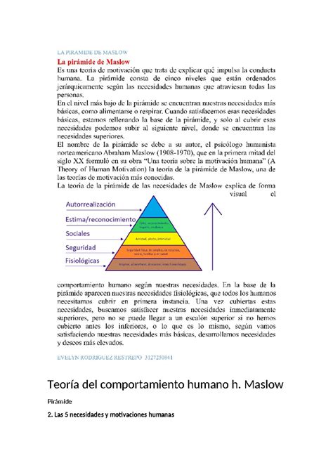 Teor A Del Comportamiento Humano H Maslow Pir Mide Las