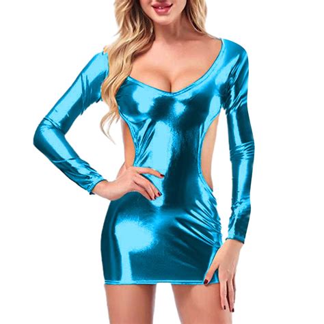 Yuhangmm Women Fashion Solid Sexy Lingerie Gold P Leather Long Seleeve Skirt Submissive Lingerie