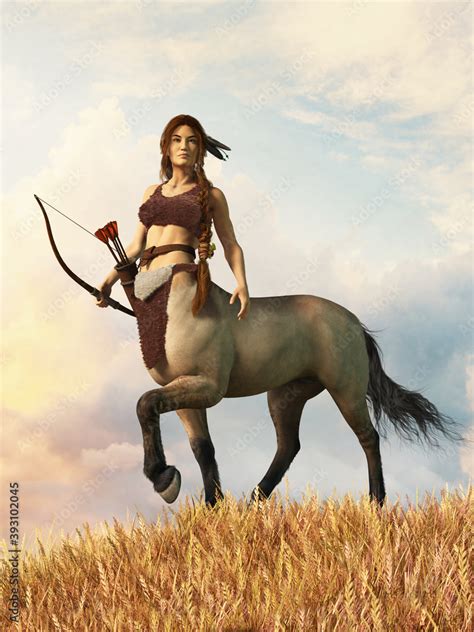 A female centaur, half horse half woman, known as a centauride stands on a grassy hill staring ...