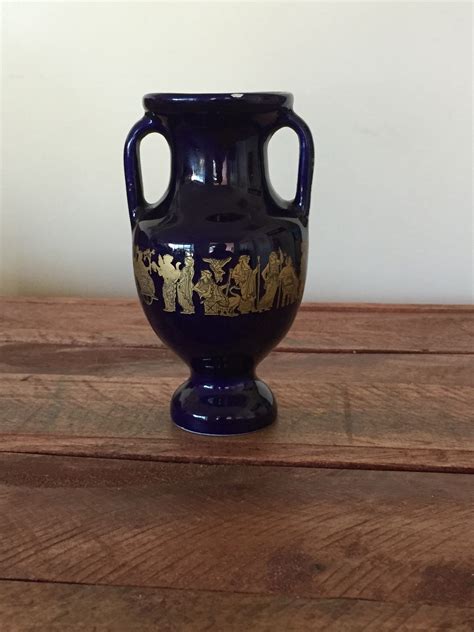 Vintage Grecian Urn Handpainted In Greece 14k Gold Vase Blue And Gold