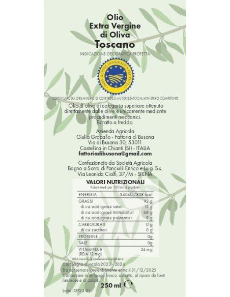 EVOO Tuscan PGI Extra Virgin Olive Oil Fattoria Di BUSONA 250 Ml