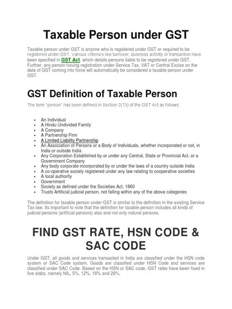 Taxable Person Under Gst Find Gst Rate Hsn Code And Sac Code Pdf Value Added Tax Partnership