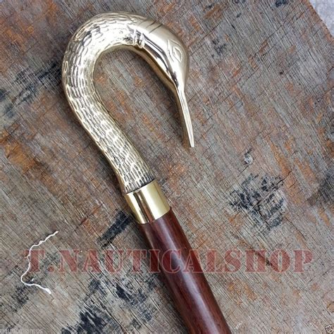 Brass Swan Head Handle Brown Walking Cane Wooden Stic Gem