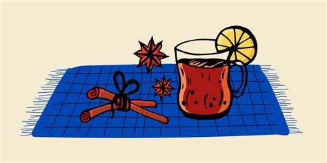 Drinks Hot And Spices Beige Blue Red Colors Doodle Style Vector Illustration
