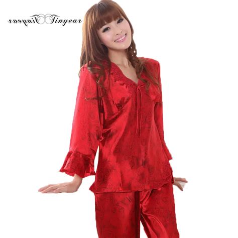 Red Color Plus Size Summer Pajamas Silk Pijama Women Lace V Neck Long