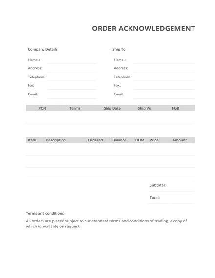 Acknowledgement Of Receipt Of Purchase Order Template