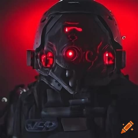 Futuristic Military Augmented Helmet With Red Lights On Face On Craiyon