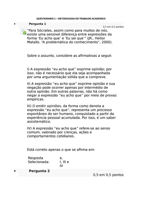 Questionario Metodologia Do Trabalho Academico Ava Questionario