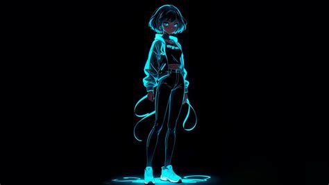 Neon Wallpaper 4K, Anime girl, Black background