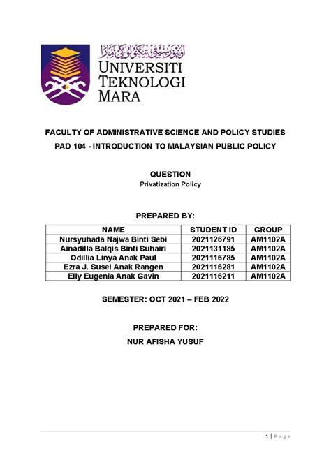 PAD104 Privatization Policy Written Assignment FACULTY OF
