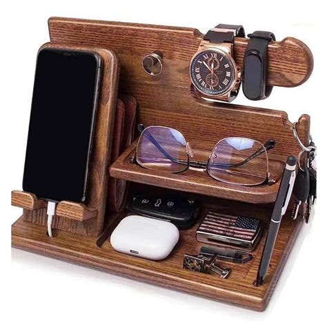 Wood Phone Docking Station Key Holder Wallet Stand Jewelry Watch