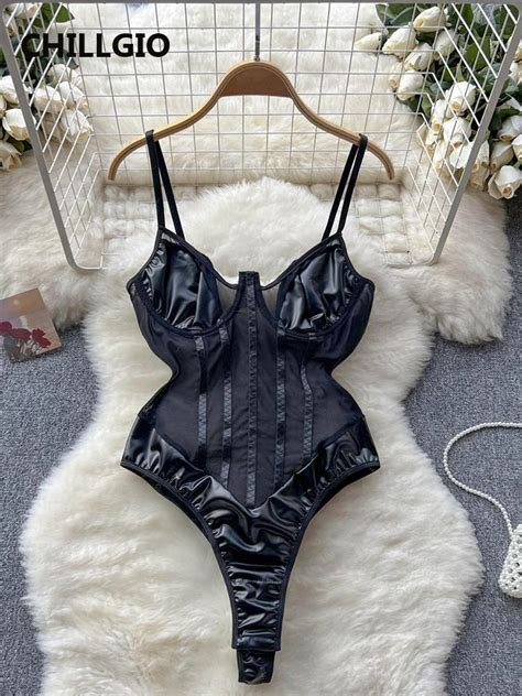 CHILLGIO Women Sexy PU Mesh Strappy Rompers Fashion Combination Catsuits Lingerie Ins Streetwear