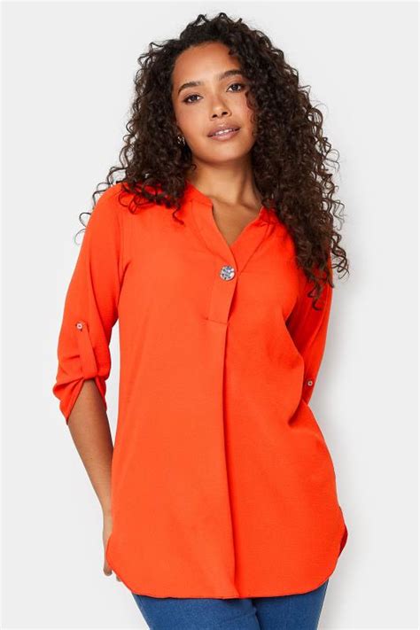 Mandco Bright Orange Statement Button Tab Sleeve Blouse Mandco