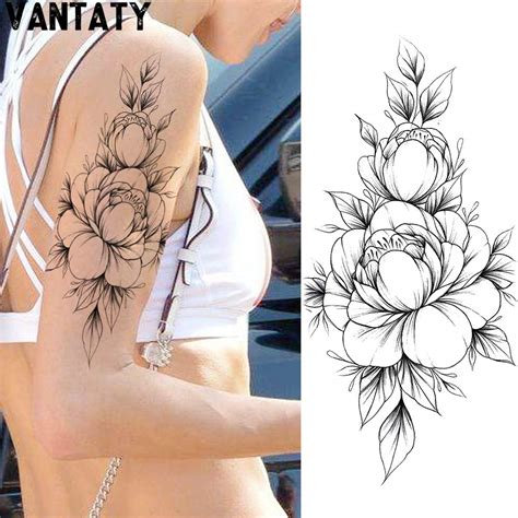 Vantaty Sheets D Black Peony Rose Temporary Tattoos Flower Fonts