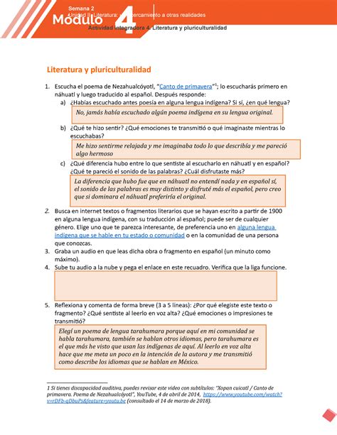 Actividad Integradora 4 Semana 2 Literatura Y Pluriculturalidad