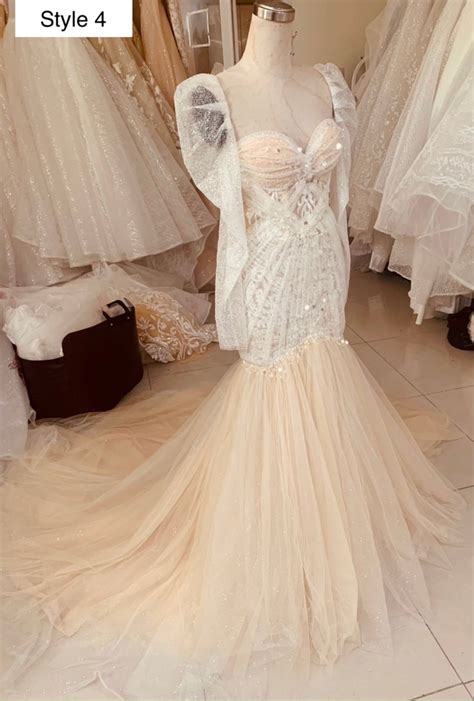 Sexy Nude Beige Tan Flutter Or Long Sleeves Lace Sparkly Mermaid Wedding Dress Various Styles