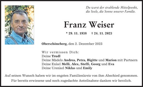 Traueranzeigen Von Franz Weiser Augsburger Allgemeine Zeitung