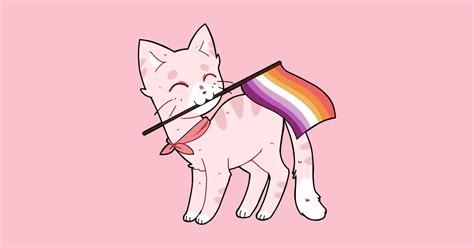 Cute Chibi Pink Pastel Sakura Cat Holding Lesbian Pride Flag Lgbtq