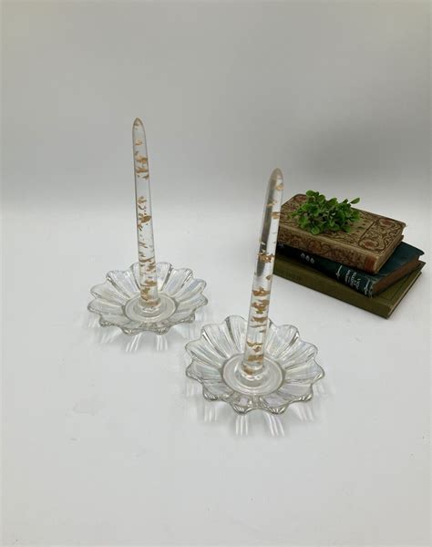 Vintage Federal Glass Celestial Pattern Iridescent Glass Candlestick