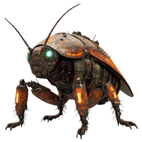 cybernetic cockroach robot with resilient armor, featuring glowing eyes