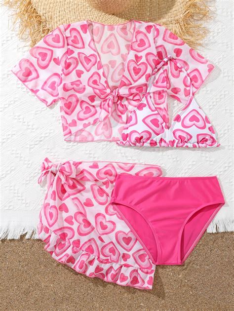 Conjunto De Bikini Cruzado Envolvente Con Estampado De Coraz N Para