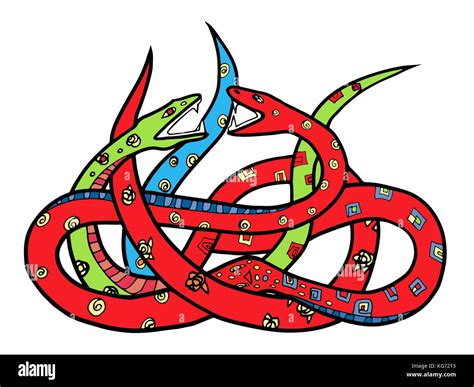 Two Ornate Snakes Hand Drawn Illustration With Tangle Of Two Colorful