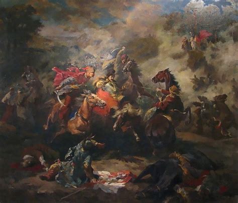 a painting of men on horses fighting with each other