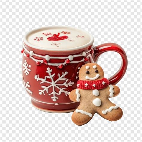 Christmas Gingerbread Man And Hot Chocolate Mug With Red Christmas Theme And Deocrations Isolate