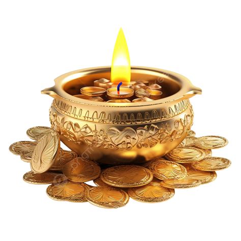 Creative Gold Coin Kalash With Diwali Diya For Happy Dhanteras