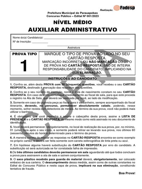 Auxiliar Administrativo Provas - Prova de Auxiliar Administrativo Tipo 1 27 11 2023 GRJBRW | PDF