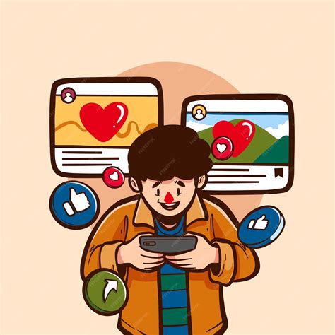 Man interacts on his phone with social media things illustration vector