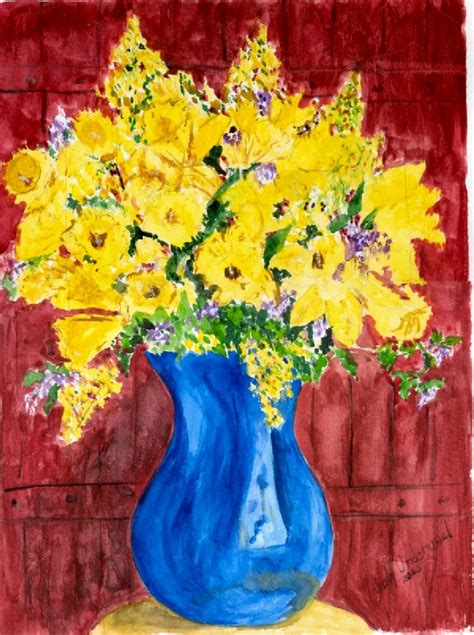 Daffodils In A Blue Vase 2003 Watercolor By Judy 2003 Blue Vase