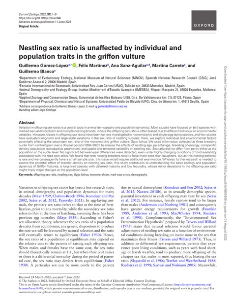 PDF Nestling Sex Ratio Is Unaffected By Individual And Population Traits In The Griffon Vulture