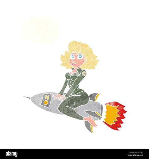 Cartoon Armee Pin Up Girl Reiten Rakete Mit Gedankenblase Stock