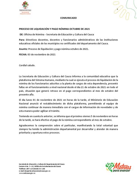 Comunicado Pago Nómina Octubre 2021 Pdf