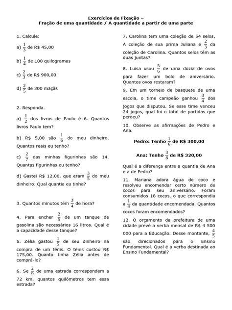 Fração De Quantidade Exercícios - Exercícios de Fixação Fração de Uma Quantidade | PDF