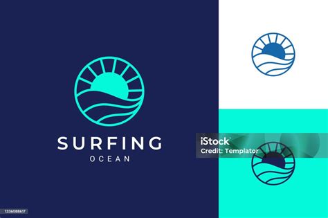 Logo Tema Laut Atau Air Dengan Gelombang Dan Matahari Dalam Lingkaran Ilustrasi Stok Unduh