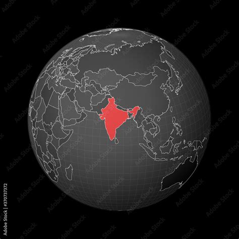 Dark globe centered to India. Country highlighted with red color on world map. Satellite world ...