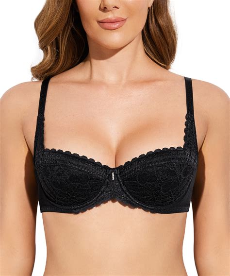 Deyllo Womens Balconette Push Up Bra Sexy Lace Lightly Padded Bra Underwire Demi Brasblack 32d