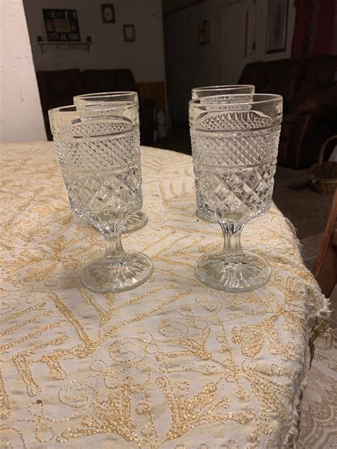 Vintage Wexford Anchor Hocking Pedestal Water Goblets Set Of 6 Beautiful Diamond Cut Reflects