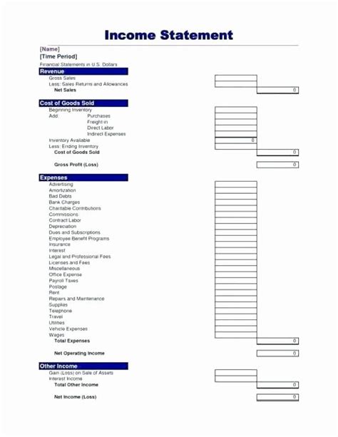 P And L Report Template Database