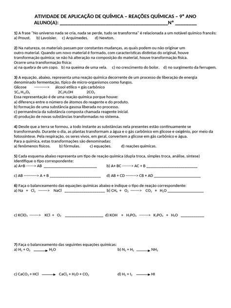 Questões Sobre Reações Químicas 9 Ano - Atividades sobre Reações Químicas - 9º Ano | PDF | Reações químicas ...