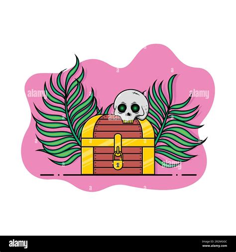 Pirate Treasure Chest And Human Skull On Palm Leaf Background Vector