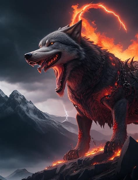 Premium AI Image | Giant wolf Fenrir protruding from the mountains