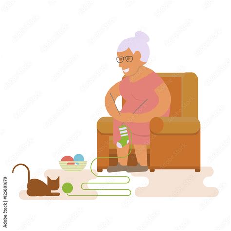 Grandmother Elderly Woman Grandma Is Sitting In Chair And Knits A