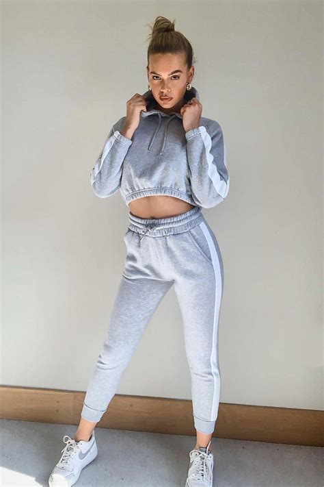 Womens Contrast Panelled Crop Hooded Tracksuit Grey Tennis